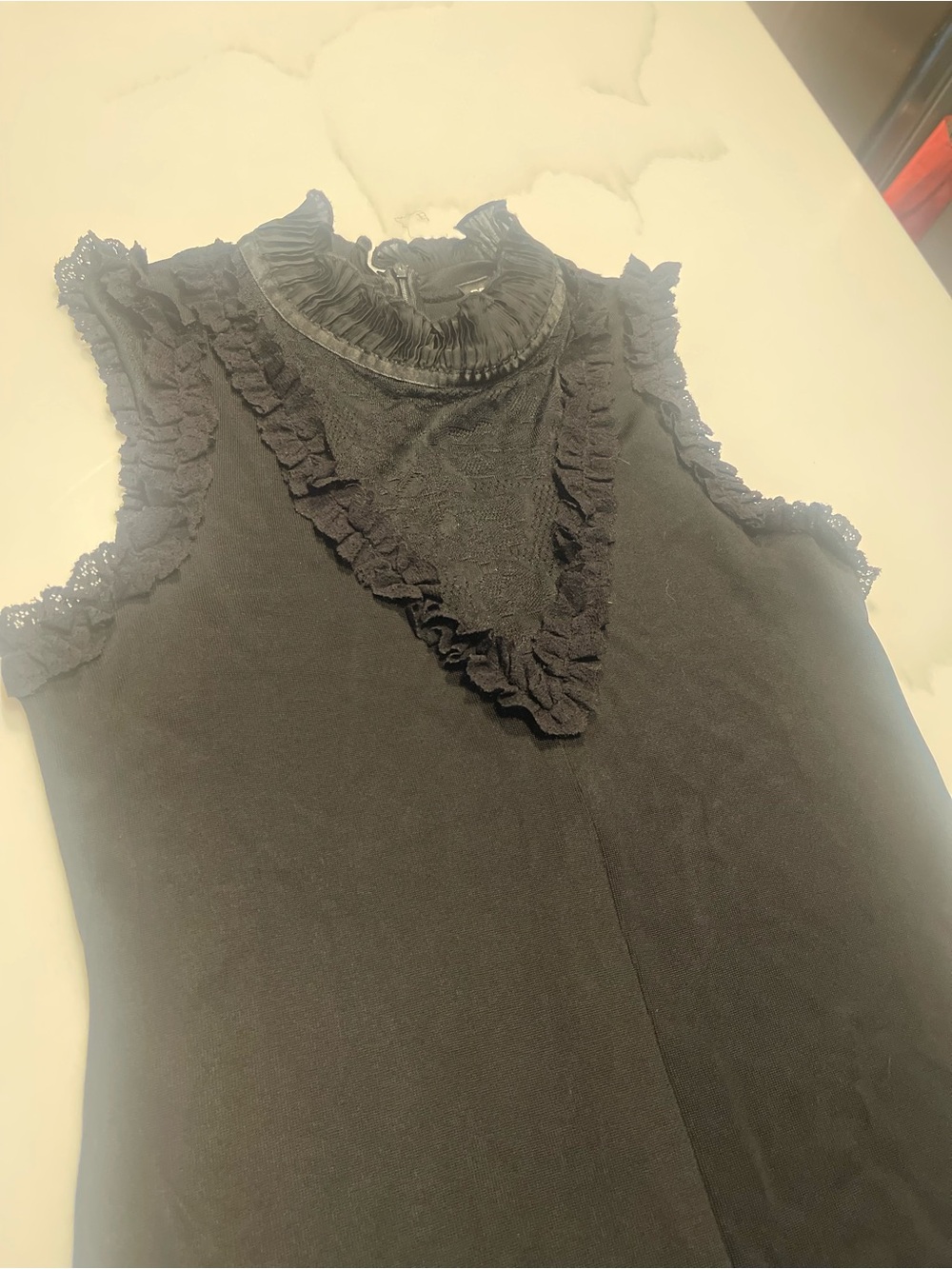 Sleeveless Ruffle Lace Trim Top - Black